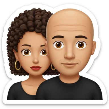A picture of a tanned couple. the man is a Mexican man with tanned skin, a bald hair cut, short beard and wearing a black shirt. the woman is mixed, with curly medium length hair, with big boobs and lips  sticker