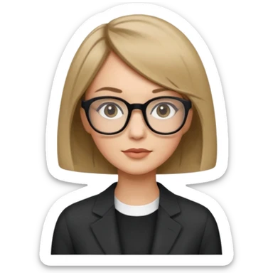 woman dark blonde petite bob haircut wears dark squarish glasses, classic clothes sticker