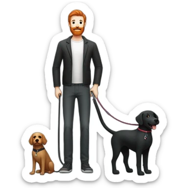 a slender man in a  sporting a red beard and wear casual outfit, standing next to a black Labrador dog, holding it on a leash sticker