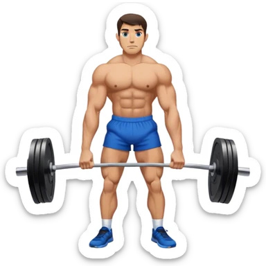 brunette buff man with blue shorts deadlift sticker