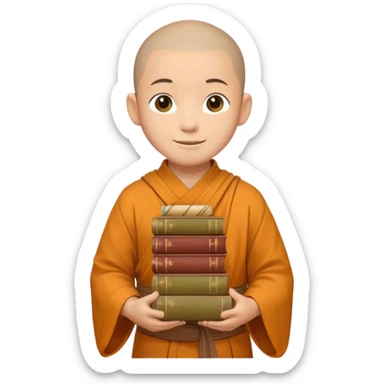 A young monk carrying a stack of ancient books, slightly wobbling but smiling softly.
 sticker