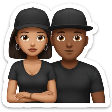 A picture of a tanned couple. the man is a Mexican man with tanned skin, with a bald hair cut wearing a SnapBack hat and a black shirt. the woman grinding on his lap has thick dark brown hair and with big naked boobs sticker