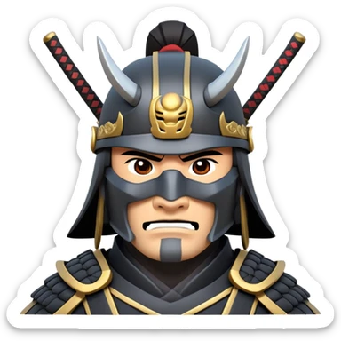 clash-of-clans-aesthetic_-cinematic-fearsome-and-majestic-samurai-bust-portrait-emoji, rendered in a flat, vector-style with minimal shading and bold, simplified shapes typical of emoji art, depicting a battle-hardened samurai with black mask and traditional black Japanese armor. The samurai is riding a noble grey warhorse adorned with an intricately designed saddle and fluttering banners and a rising sun. a samurai on a   horse sticker