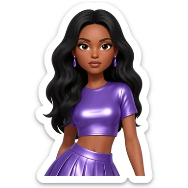 Solange with long black hair, periwinkle metallic crop top, periwinkle metallic skirt, periwinkle earrings sticker