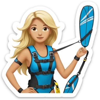 Blonde long haired ladie Kitesurfing with harness sticker