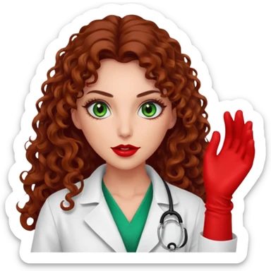 Spanish sexy evil woman. She has green eyes.  had brown long curly hair.  evil surgeon kills with needle wears red sexy doctor coat with red long mouth cover red gloves.  sticker