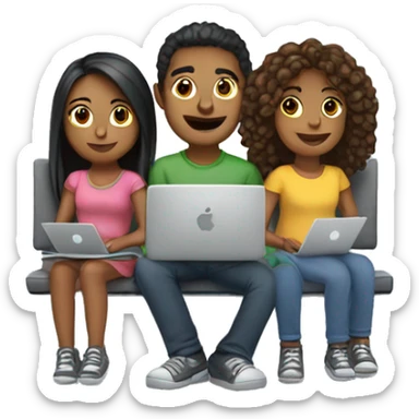2 girl and 3 man each of them holding laptop and sit together  sticker