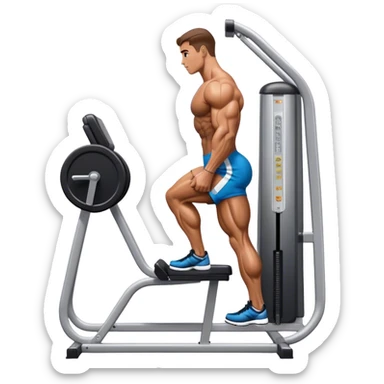 side-view bodybuilder using gym calf-raise machine sticker