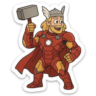 Cartoon version of Thor merged with Iron Man, cape, glowing arc reactor, fun and energetic sticker
