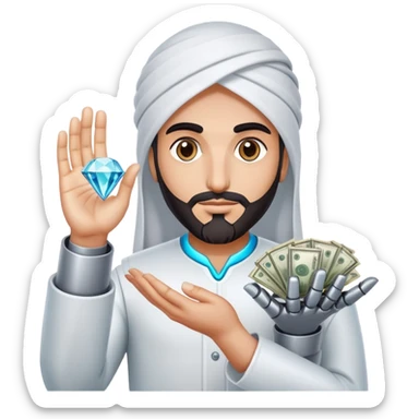 A persian trader diamond 💎 in hand . A bot hand 🤖 . With money 💵 do magic 🔮 sticker