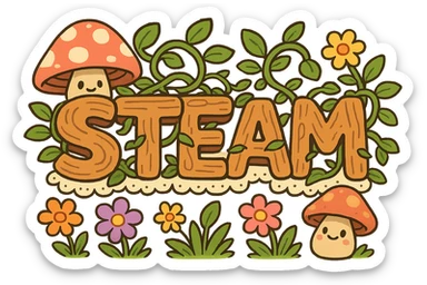 cartoon-style cottagecore Steam logo: chunky soft wood and vines, big lace trim, smiling mushrooms, colorful flowers, bright playful colors, no text sticker