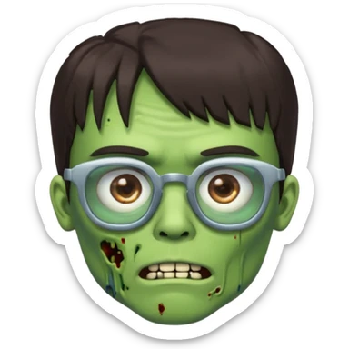 an emoji of a male green zombie with dark brown hair and female bangs that cover your entire forehead and extend to your eyebrows, wearing square, bluish glasses. sticker