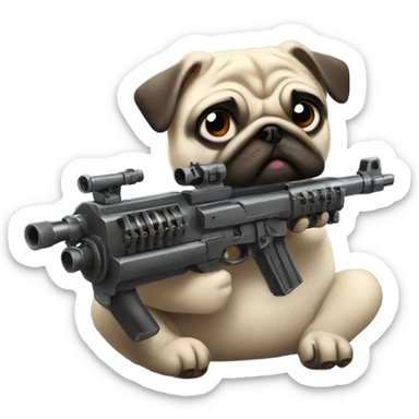 Pug shooting a machine gun  sticker