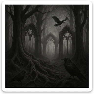 gothic woods with overgrown roots, ravens, gothic arches sticker