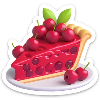 Add more gloss and shine to the 3D emoji style cherry pie slice, especially on the cherries and pie surface. Keep the shape and details the same, no plate, fork, or background. sticker