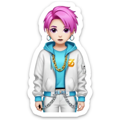 ghost-portrait-of-in-kpop-style,-wearing-flashy-streetwear-outfit,-colorful-dyed-hair,-confident-pose,-accessorized-with-chains- sticker