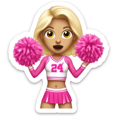 blonde cheerleader wearing pink uniform holding pink pompoms with pink bubblegum on mouth sticker