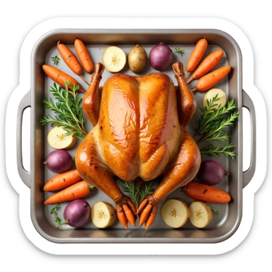 roasted turkey in a baking tray, golden brown crispy skin, whole turkey surrounded by vegetables, oven-baked meal presentation, juicy texture, warm food lighting, 3D cartoon style, mobile game icon style, centered composition, clean background, no text, no watermark
 sticker