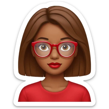 It creates a girl with brown skin, hair a little below her shoulders, just a little, pretty clear glasses, wearing red clothes and red lipstick. sticker