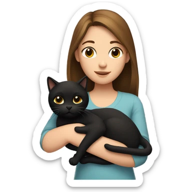 A girl with brown hair holds a black cat in her arms. sticker