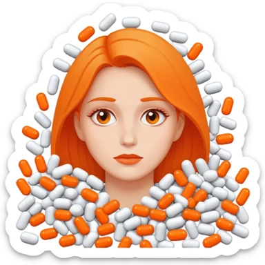 A lady buried in a huge pile of pills, the pills are all half white and half orange sticker