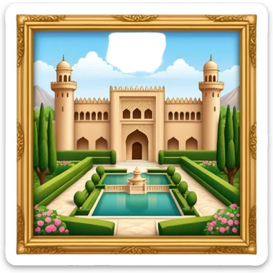 Cinematic Realistic Alhambra Landmark Emoji, showcasing the ornate historic palace with lush gardens rendered with rich textures and soft, majestic lighting. sticker
