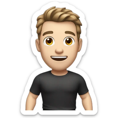 amazed Open with surprise mouth Pale skinned Fit Man With the biceps and dark brown hair in black shirt, gray sports shorts and white Sneakers sticker