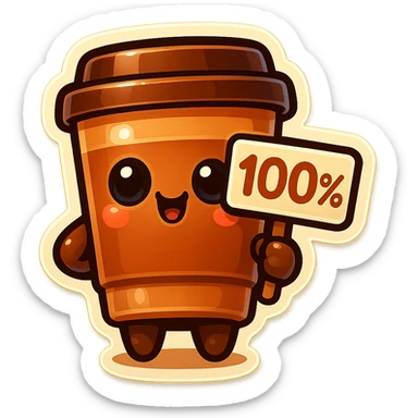 Tall coffee cup, holding sign "100%" sticker
