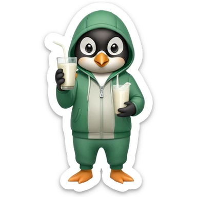 full body portrait of a friendly anthropomorphised penguin wearing a green mafia-style tracksuit, angry, intense brooding posture, holding a glass of milk sticker