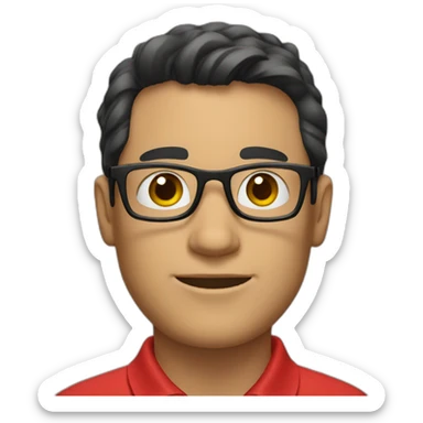 Man with black hair and glasses wearing red polo shirt with green collar sticker