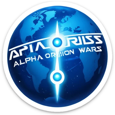 The image is a sci-fi poster with glowing blue text that reads “ALPHA ORIONIS WARS.” A bright blue planet or star glows at the bottom, and the word “STARBLAST” appears below. The design has a futuristic, space-themed look. sticker