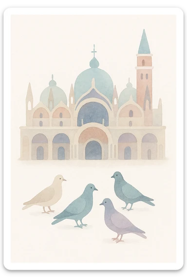 Venice, Italy, showing St. Mark's Basilica and pigeons, watercolor art style sticker