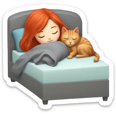 Girl with red hair sleeping next to a GRAY cat sticker
