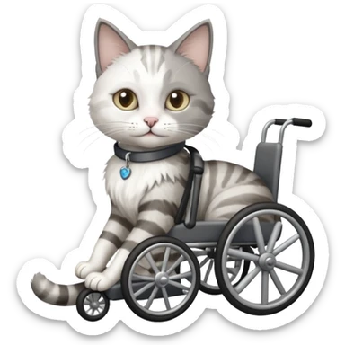 disabled grey and white small cat using cat wheelchair sticker