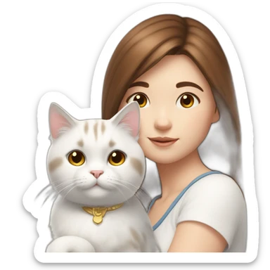 A girl with brown straight hair and on her left shoulder and neck lies a white fluffy cat with eyes of different colors sticker