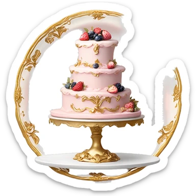 aesthetic vintage rococo cake with white icing, pale pink icing, berries on a gold and white ceramic plate stand  sticker