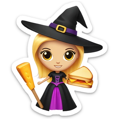 Barbie as a witch holding a grilled cheese sandwich and a scepter sticker