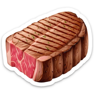 Cinematic thick-cut steak, perfectly seared with grill marks, a juicy pink center, rich and savory, warm glow, sizzling and mouthwatering, highly detailed and appetizing. sticker
