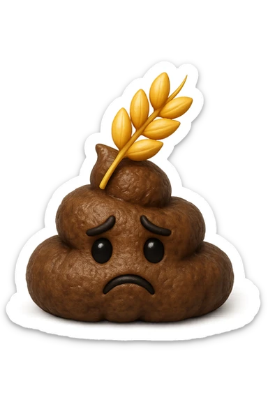 emoji stile iphone di una montagnetta di feci umane realistiche a palline tristi con sopra un simbolo del grano, iperrealistico 4k sticker
