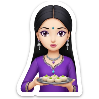 a pretty bratz girl with straight black hair, wearing a purple kurti, silver jhumkas, eyeliner, carrying a plate of momos sticker