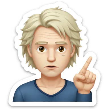 Weak man with disheveled hair pointing to his right sticker