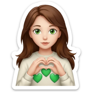 Girl green eyes brown long hair white warm sweater doing hands heart sticker
