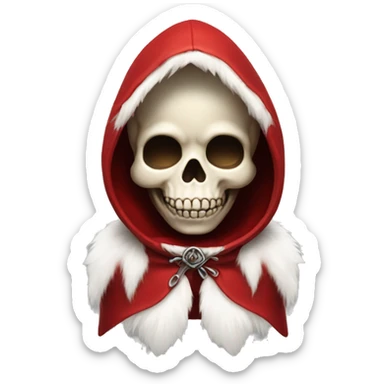 Cute, happy little skull wearing a red velvet hood with white fur trim. sticker