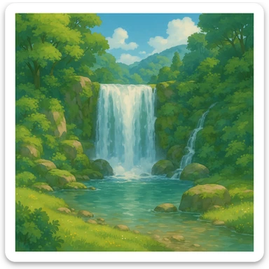 waterfall emoji, similar to 🏞️, ghibli style sticker