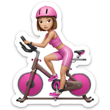 Light tan girl with a brown bob hat style with pink highlights in a pink workout set leaning on a indoor cycle bike sticker