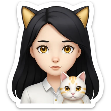 long black hair girl with black eyes with light gold cat wearing white shirt sticker