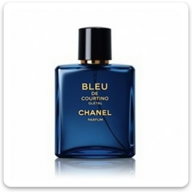 photorealistic illustration of a Bleu de Chanel Parfum bottle, deep blue glass, square shape, black cap, gold text reading 'BLEU DE CHANEL PARFUM' on the front, highly reflective and elegant, white background sticker