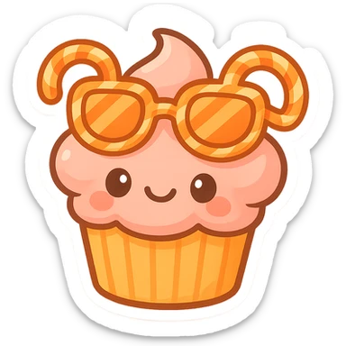 A cupcake topped with neon orange sugar cane sunglasses, whimsical and fun, sunglasses are made of candy, cute chibi stickers style, bright and colorful sticker