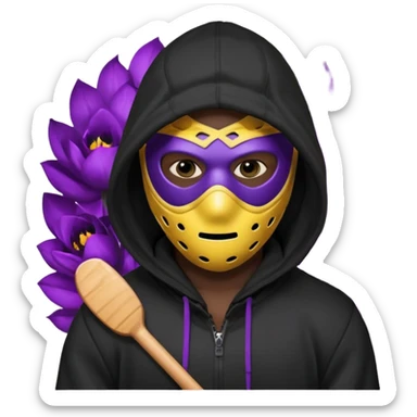 non human male cartoon character related to a shadow, all black skin, with all black clothes, focusing a black hoodie, and a black hockey mask covering his entire face, just his purple shadow eyes making a light bloom, no background sticker