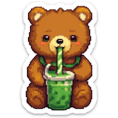 Change the boba tea to a matcha flavor with green color, keep the bear and style the same, no background. sticker